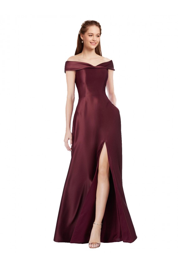 Bordeaux foncé Trapèze Épaule Dénudée Sans bretelle Satiné Longue Formelles Robes demoiselle d'honneur / Robes de soirée / Robes de bal Pas Cher