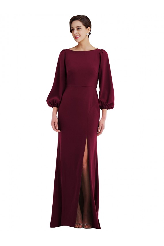 Bordeaux foncé Trompette Bateau Crêpe Stretch Longue Formelles Robes demoiselle d'honneur / Robes de soirée / Robes de bal Pas Cher