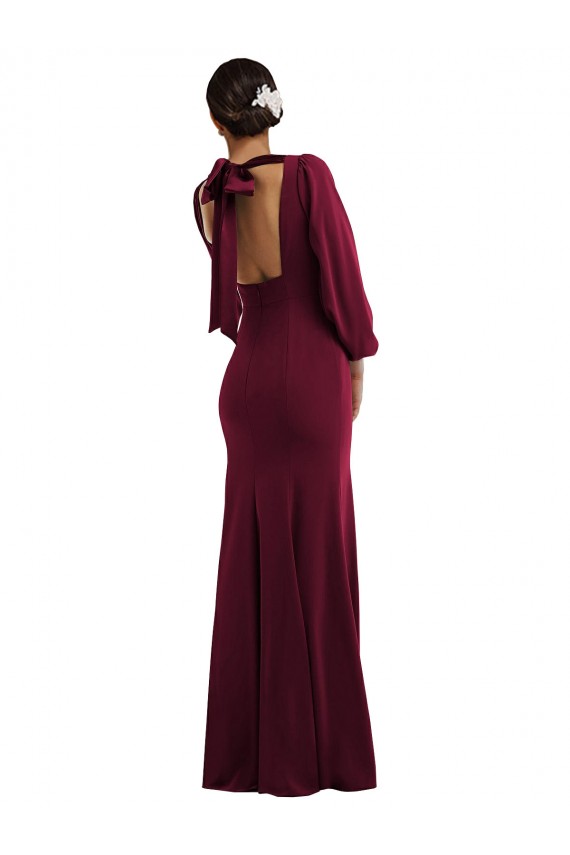 Bordeaux foncé Trompette Bateau Crêpe Stretch Longue Formelles Robes demoiselle d'honneur / Robes de soirée / Robes de bal Pas Cher
