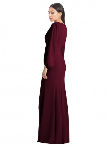 Bordeaux foncé Trompette Col V Crêpe Stretch Longue Robes demoiselle d'honneur / Robes de bal