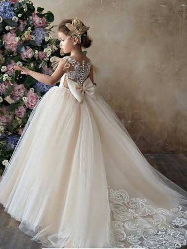 Champagne Princesse Tulle Dentelle Longue Robes de demoiselle d'honneur - fillette Pas Cher