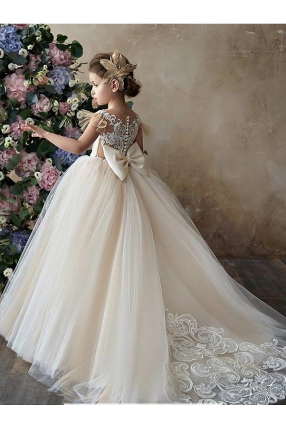 Champagne Princesse Tulle Dentelle Longue Robes de demoiselle d'honneur - fillette Pas Cher