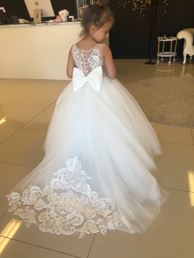 Champagne Princesse Tulle Dentelle Longue Robes de demoiselle d'honneur - fillette