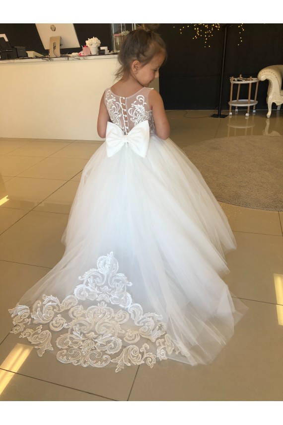 Champagne Princesse Tulle Dentelle Longue Robes de demoiselle d'honneur - fillette Pas Cher
