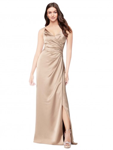 Champagne Rose Trapèze Bretelles spaghetti Col V Satiné Soyeux Longue Formelles Robes demoiselle d'honneur / Robes de soirée / Robes de bal Pas Cher