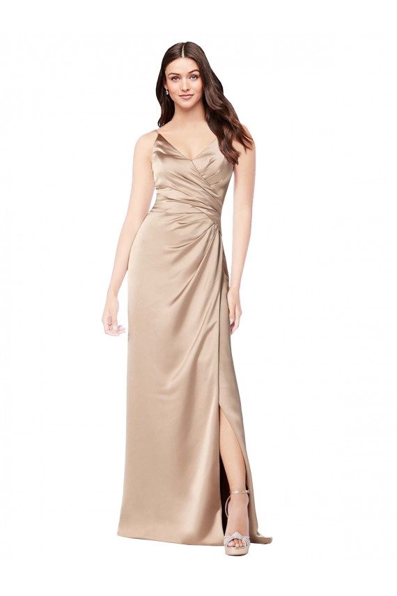 Champagne Rose Trapèze Bretelles spaghetti Col V Satiné Soyeux Longue Formelles Robes demoiselle d'honneur / Robes de soirée / Robes de bal Pas Cher