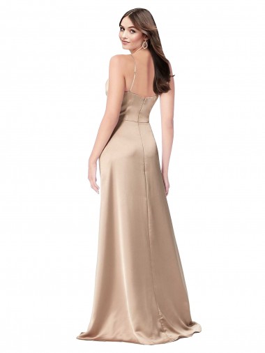 Champagne Rose Trapèze Bretelles spaghetti Col V Satiné Soyeux Longue Formelles Robes demoiselle d'honneur / Robes de soirée / Robes de bal