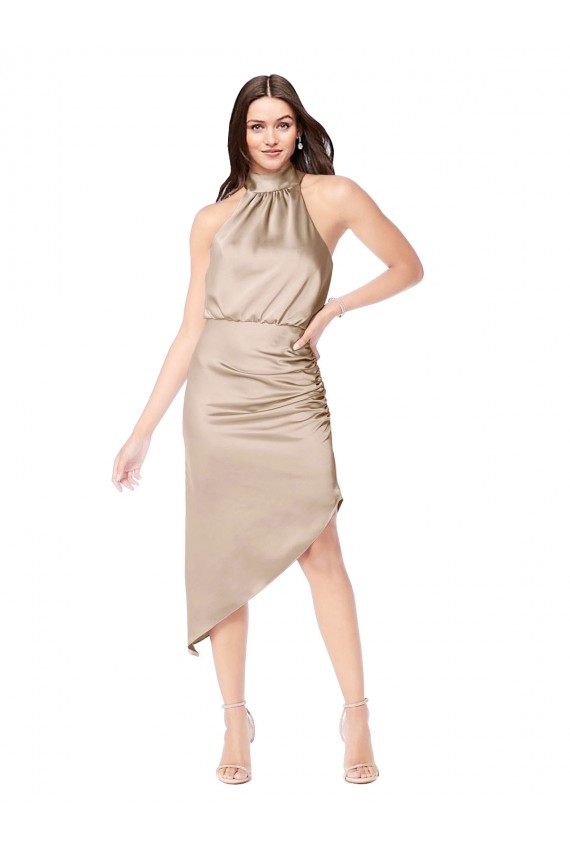 Champagne Rose Trapèze Licou midi Satiné Soyeux Courte Asymétrique Robes demoiselle d'honneur / Robes de bal / Robes de cocktail Pas Cher