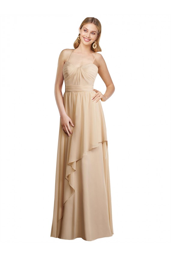 Champagne Trapèze Bretelles spaghetti Mousseline Longue Robes demoiselle d'honneur Pas Cher