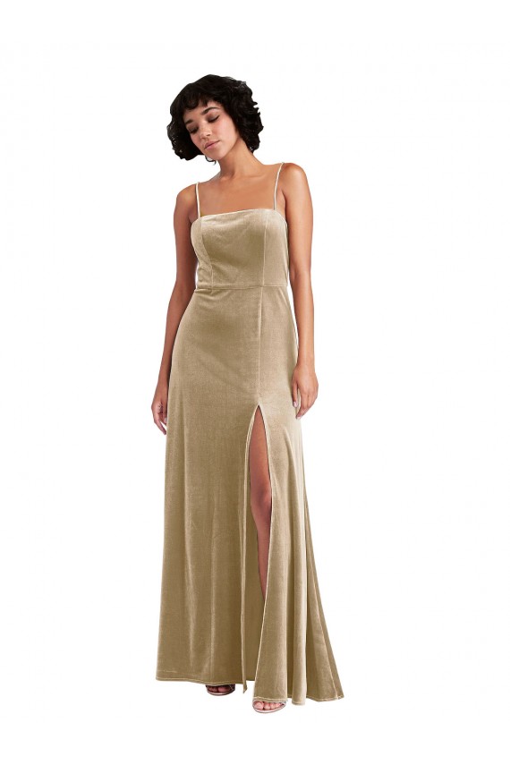 Champagne Trapèze Col Carré Velours Stretch Longue Formelles Robes demoiselle d'honneur / Robes de soirée / Robes de bal Pas Cher