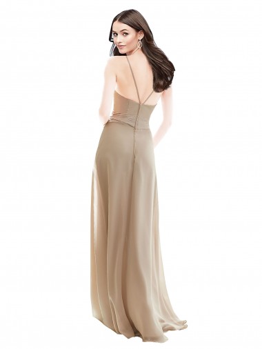 Champagne Trapèze Col Haut Mousseline Longue Robes demoiselle d'honneur