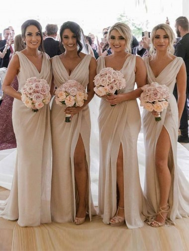 Champagne Trapèze Col V Mousseline Longue Robes demoiselle d'honneur Pas Cher