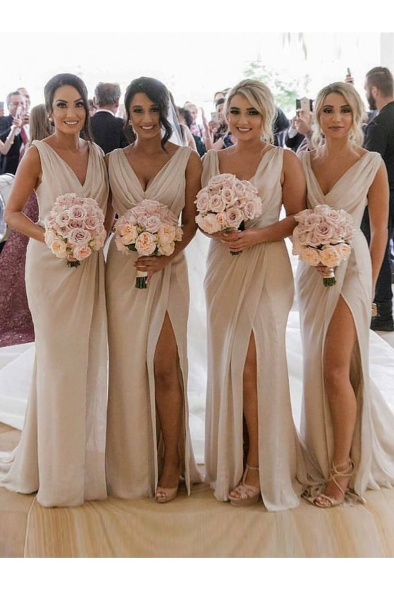 Champagne Trapèze Col V Mousseline Longue Robes demoiselle d'honneur Pas Cher
