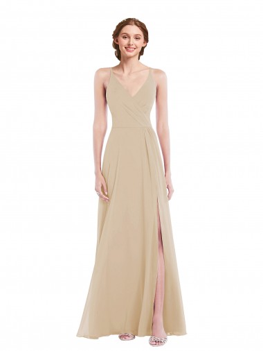 Champagne Trapèze Col V Mousseline Longue Robes demoiselle d'honneur Pas Cher