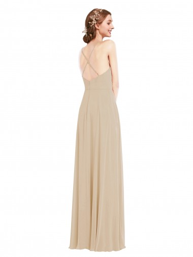 Champagne Trapèze Col V Mousseline Longue Robes demoiselle d'honneur