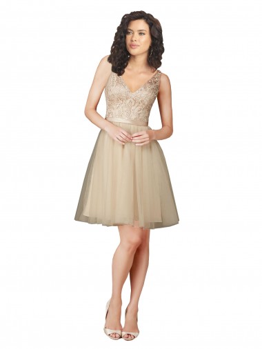 Champagne Trapèze Col V Tulle Dentelle Courte Robes demoiselle d'honneur Pas Cher