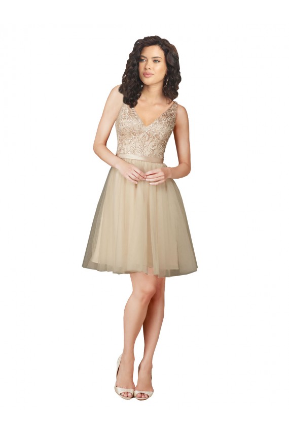 Champagne Trapèze Col V Tulle Dentelle Courte Robes demoiselle d'honneur Pas Cher