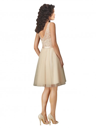 Champagne Trapèze Col V Tulle Dentelle Courte Robes demoiselle d'honneur