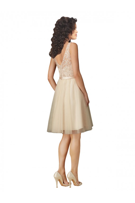 Champagne Trapèze Col V Tulle Dentelle Courte Robes demoiselle d'honneur Pas Cher