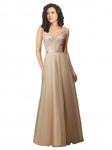 Champagne Trapèze Col V Tulle Dentelle Longue Robes demoiselle d'honneur Pas Cher