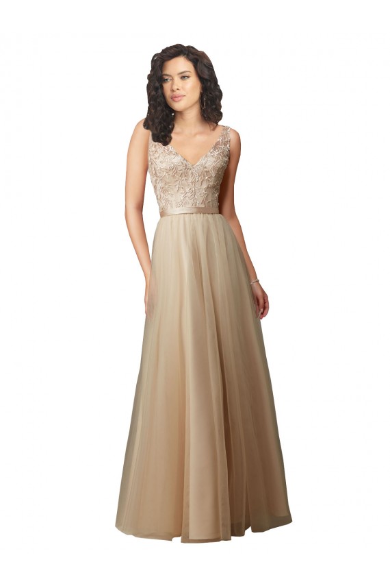 Champagne Trapèze Col V Tulle Dentelle Longue Robes demoiselle d'honneur Pas Cher