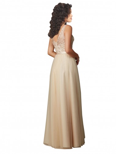 Champagne Trapèze Col V Tulle Dentelle Longue Robes demoiselle d'honneur