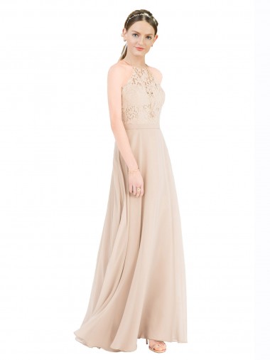 Champagne Trapèze Licou Col Haut Mousseline Dentelle Longue Robes demoiselle d'honneur / Robes de bal Pas Cher