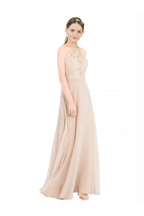 Champagne Trapèze Licou Col Haut Mousseline Dentelle Longue Robes demoiselle d'honneur / Robes de bal Pas Cher