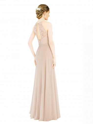 Champagne Trapèze Licou Col Haut Mousseline Dentelle Longue Robes demoiselle d'honneur / Robes de bal