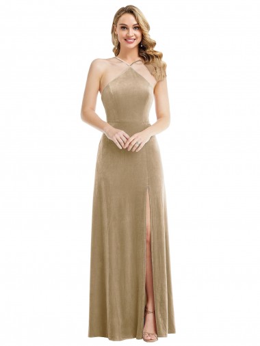 Champagne Trapèze Licou Col Haut Velours Stretch Longue Robes demoiselle d'honneur / Robes de bal Pas Cher
