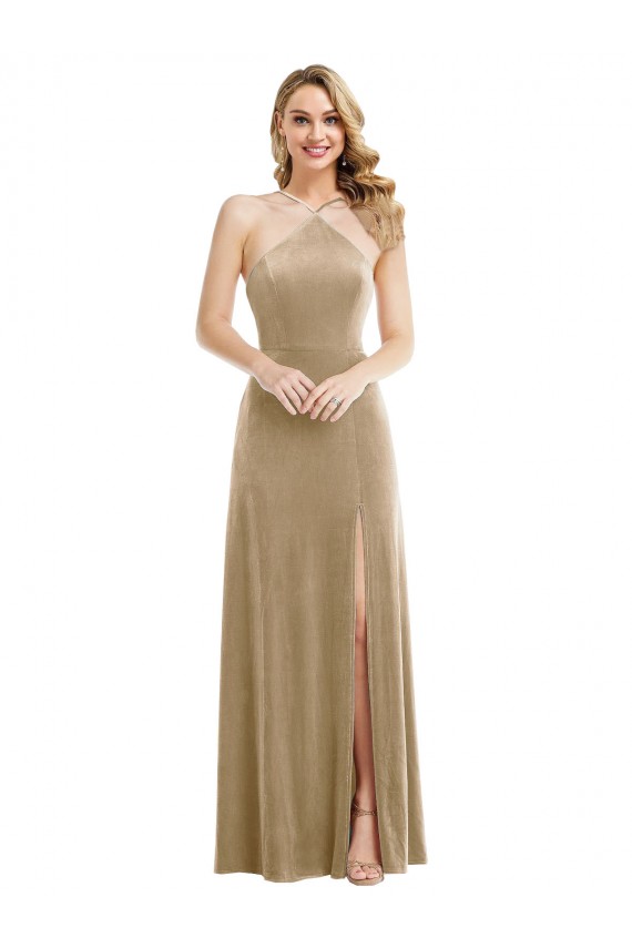 Champagne Trapèze Licou Col Haut Velours Stretch Longue Robes demoiselle d'honneur / Robes de bal Pas Cher