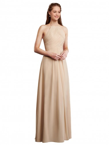 Champagne Trapèze Licou Mousseline Longue Robes demoiselle d'honneur Pas Cher
