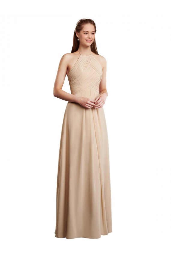 Champagne Trapèze Licou Mousseline Longue Robes demoiselle d'honneur Pas Cher