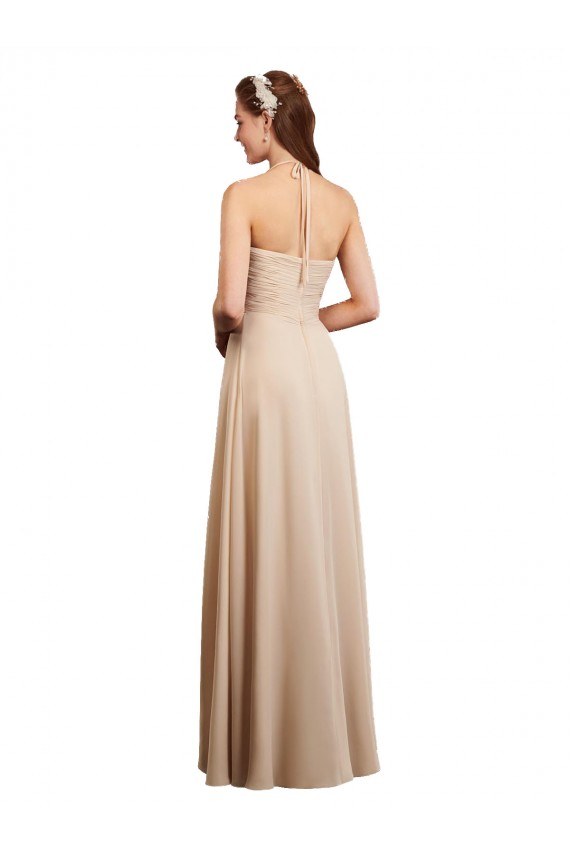 Champagne Trapèze Licou Mousseline Longue Robes demoiselle d'honneur Pas Cher
