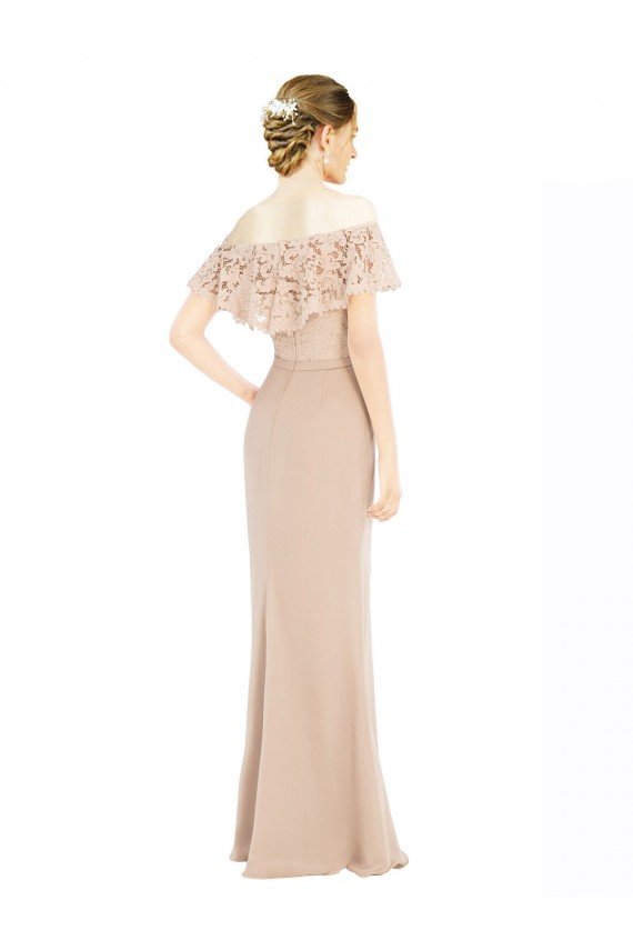Champagne Trapèze Épaule Dénudée Mousseline Dentelle Longue Robes demoiselle d'honneur / Robes de bal Pas Cher