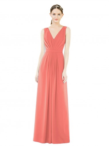 Corail Trapèze Col V Mousseline Longue Robes demoiselle d'honneur Pas Cher