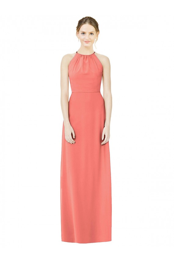 Corail Trapèze Licou Mousseline Longue Robes demoiselle d'honneur Pas Cher