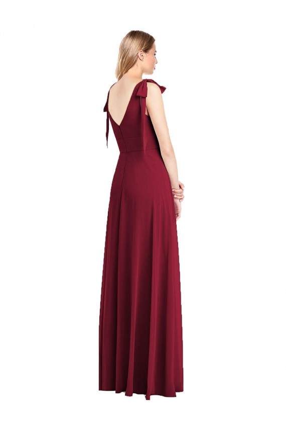 Corail Trompette Col V Mousseline Longue Robes demoiselle d'honneur Pas Cher