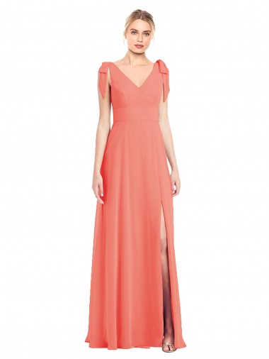 Corail Trompette Col V Mousseline Longue Robes demoiselle d'honneur Pas Cher