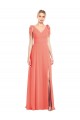 Corail Trompette Col V Mousseline Longue Robes demoiselle d'honneur Pas Cher