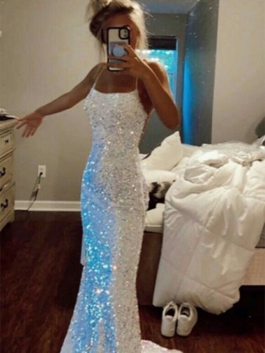 Couleur affichée Fourreau Bretelles spaghetti Balayage train Paillettes Velours Longue Robes de bal Pas Cher