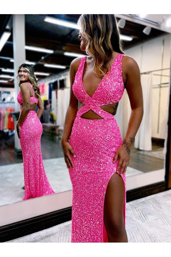 Couleur affichée Fourreau Col V Balayage train Paillettes Velours Longue Robes de bal Pas Cher