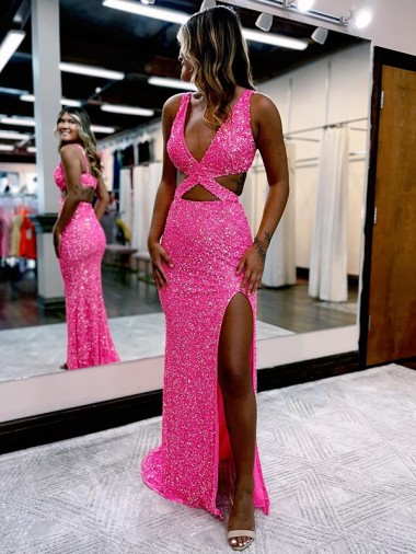 Couleur affichée Fourreau Col V Balayage train Paillettes Velours Longue Robes de bal Pas Cher
