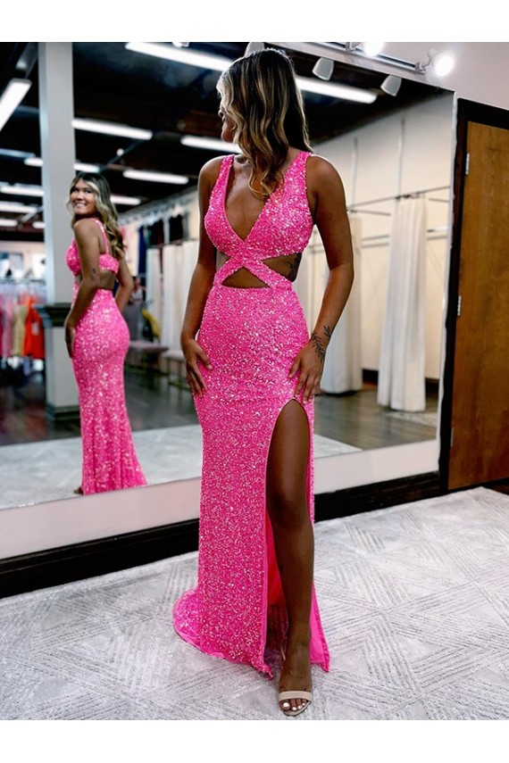 Couleur affichée Fourreau Col V Balayage train Paillettes Velours Longue Robes de bal Pas Cher