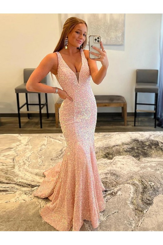 Couleur affichée Fourreau Col V Balayage train Paillettes Velours Longue Robes de bal Pas Cher