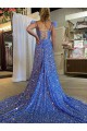 Couleur affichée Trapèze Col V Traîne moyenne Paillettes Velours Longue Robes de bal Pas Cher