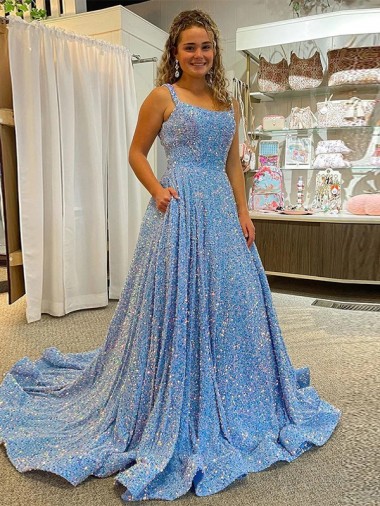 Couleur affichée Trapèze Scoop Traîne moyenne Paillettes Velours Longue Robes de bal Pas Cher