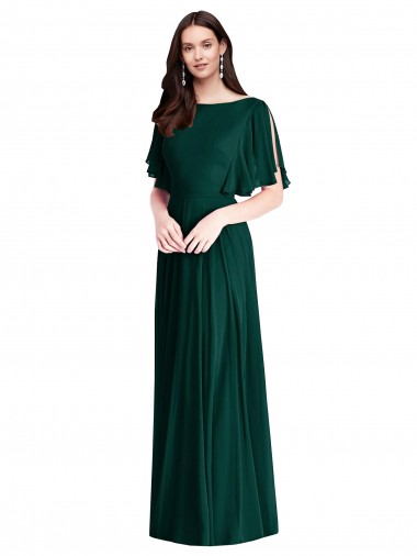 Evergreen Trapèze Bateau Mousseline Longue Robes demoiselle d'honneur Pas Cher