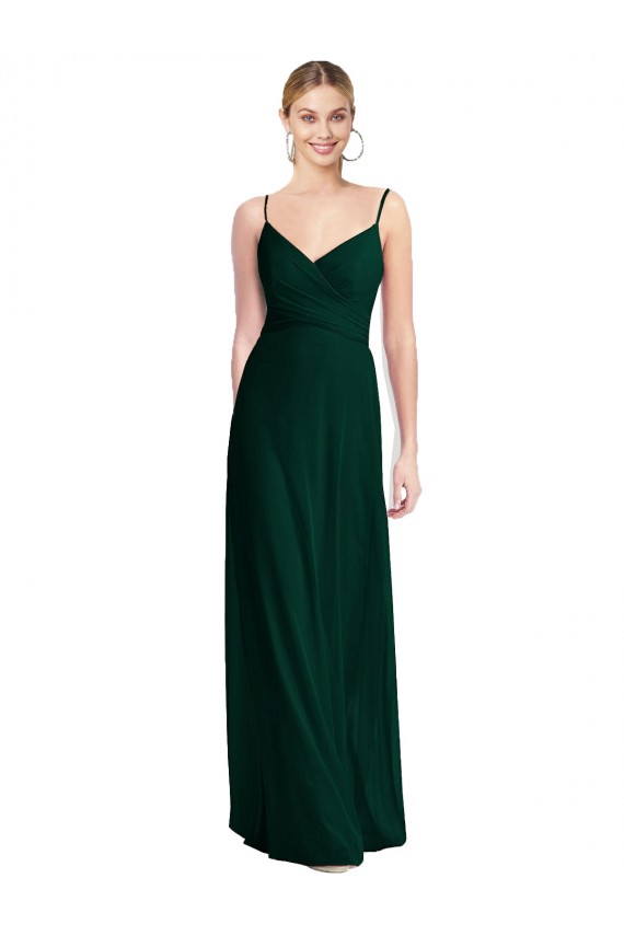 Evergreen Trapèze Bretelles spaghetti Col V Mousseline Longue Robes demoiselle d'honneur Pas Cher