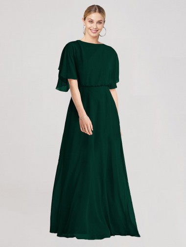 Evergreen Trapèze Col rond Mousseline Longue Robes demoiselle d'honneur Pas Cher